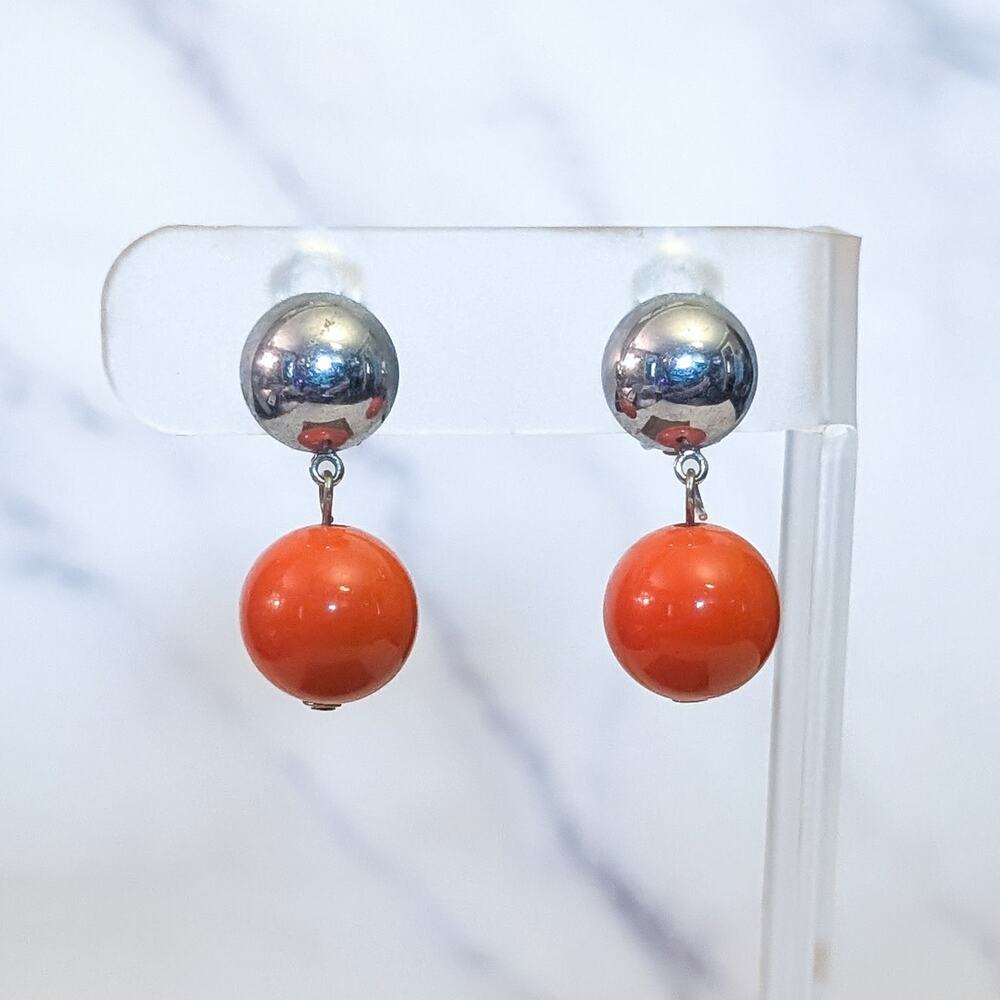 Vintage Clip On Earrings Orange Ball Dangle